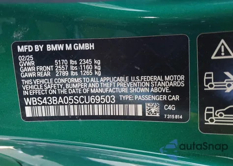 2025 BMW M4 Competition xDrive z USA, uszkodzony, nr VIN WBS43BA05SCU69503